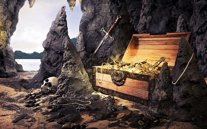 treasure chest full of gold illustration, weapon, skull, sword