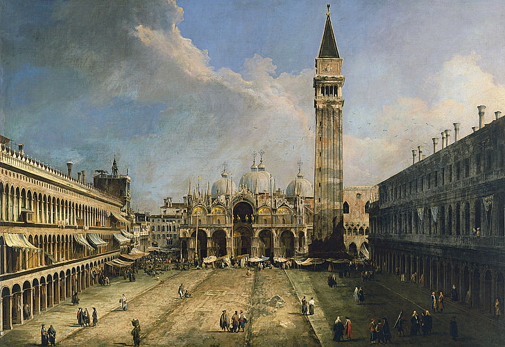 gray pointed tower, picture, the urban landscape, Campanile, Giovanni Antonio Canaletto, HD wallpaper
