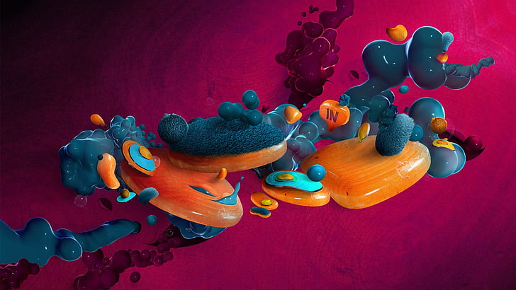 digital art, abstract, 3D, splashes, bubbles, pink background, HD wallpaper