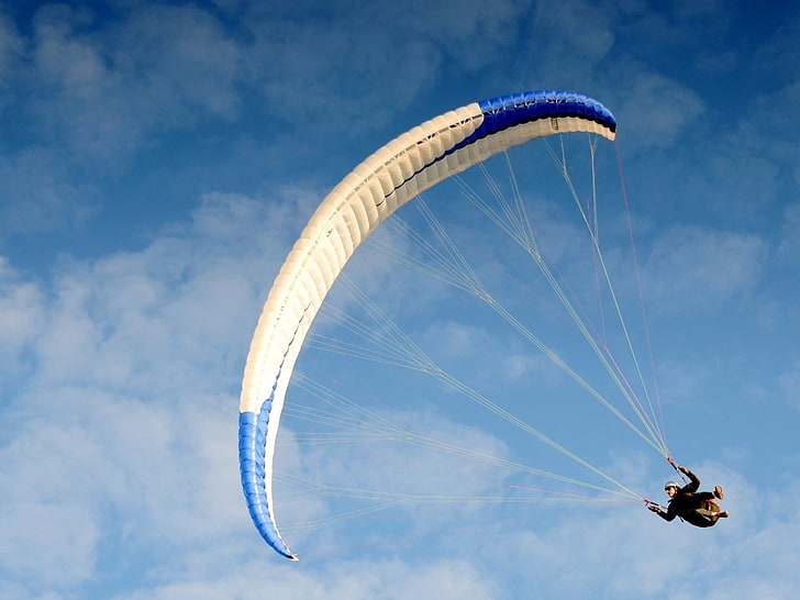 white and black paragliding, parachute, jump, flight, sportsman, HD wallpaper