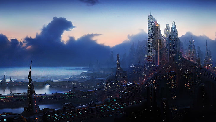 city of high-rise building digital wallpaper, fantasy art, futuristic