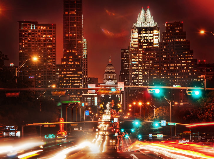 Night In Austin, brown buildings, United States, Texas, Lights