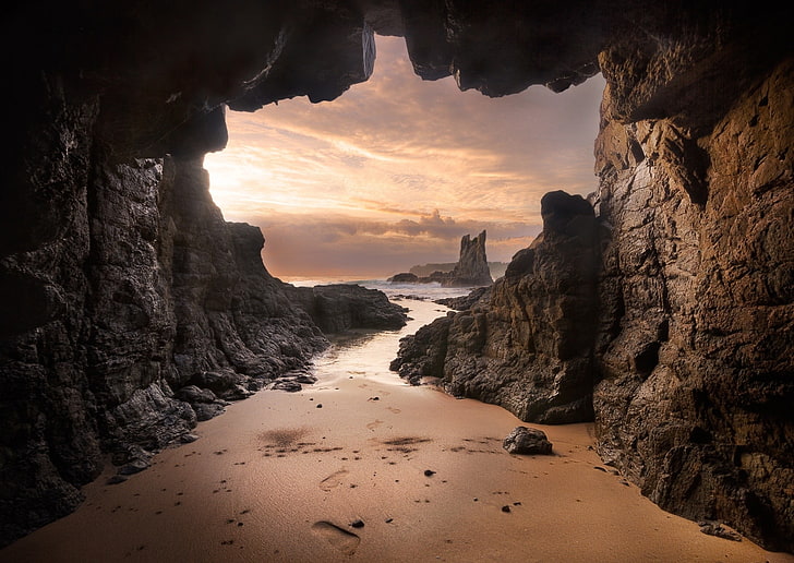 beach, cave, Australia, sand, rock, sea, sunset, clouds, nature