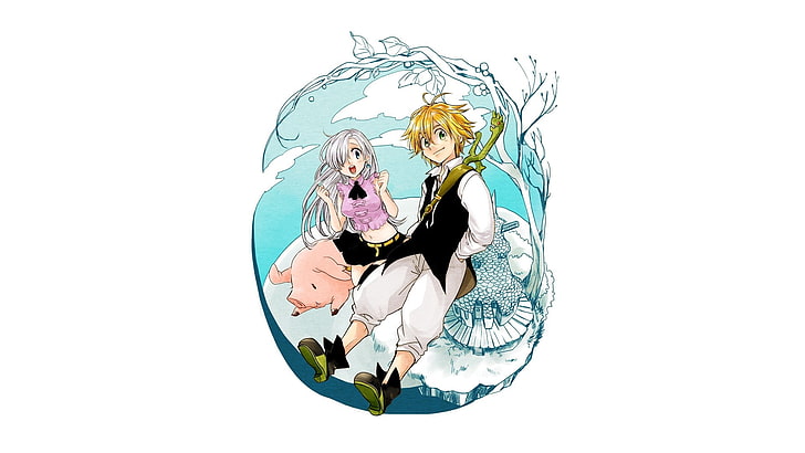 male and female anime character sitting on pig digital wallpaper, HD wallpaper