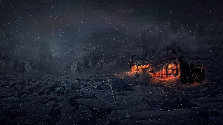 snow covered house, fantasy art, lights, north pole, night, nature