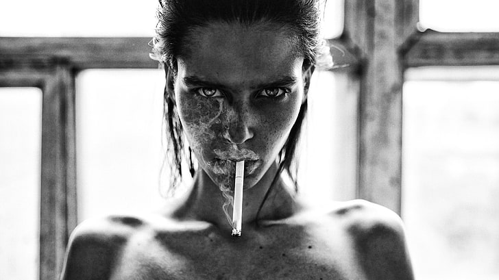 smoking, women, face, cigarettes, monochrome, Aleksey Trifonov, HD wallpaper