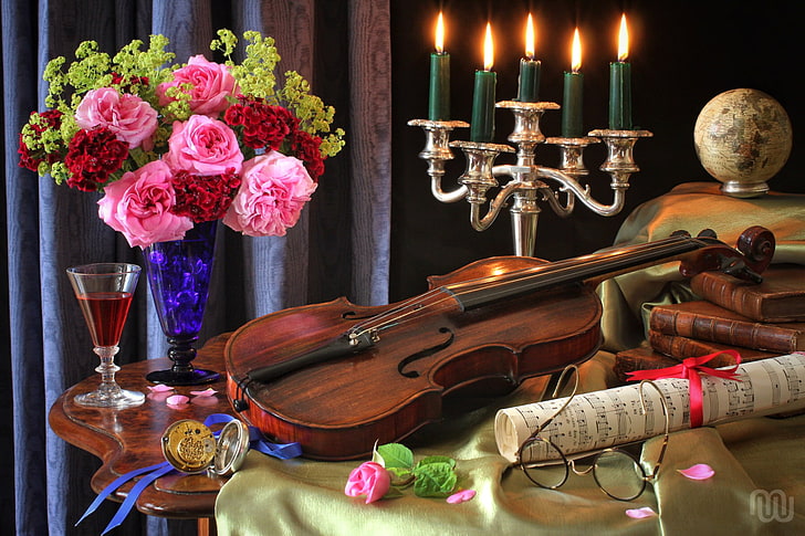 brown violin, notes, watch, glass, books, roses, bouquet, candles