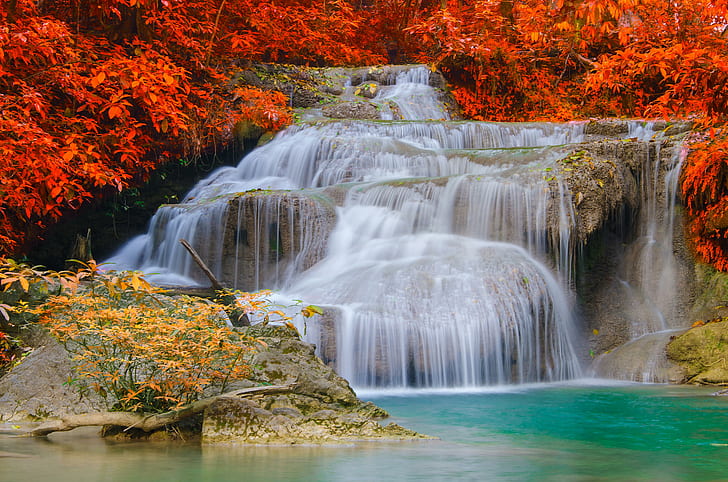 Seasons Autumn Waterfalls Nature, HD wallpaper