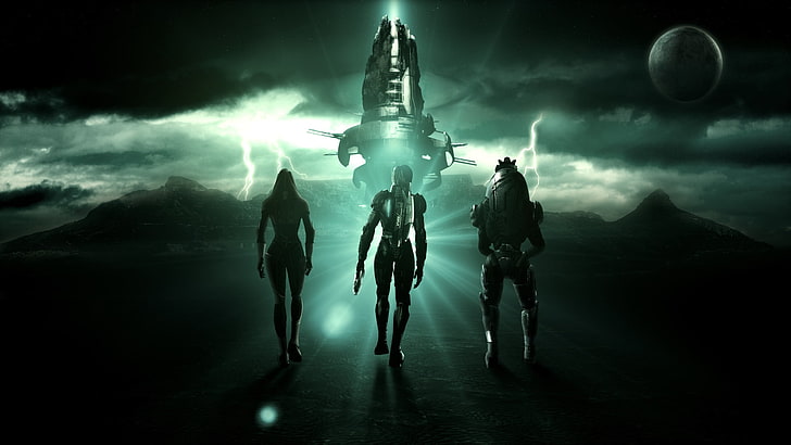 three animated characters walking towards spacecraft digital wallpaper