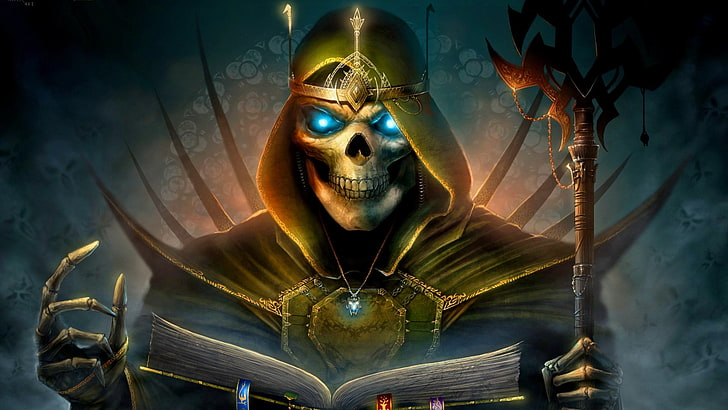 skeleton holding book 3D wallpaper, Heroes of Might and Magic, HD wallpaper