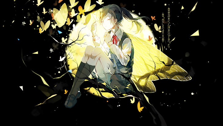 moonlight, original characters, anime girls, night, yellow