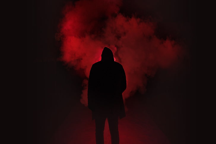 red smoke, silhouette, man, hood, people, black Color, dark, men, HD wallpaper