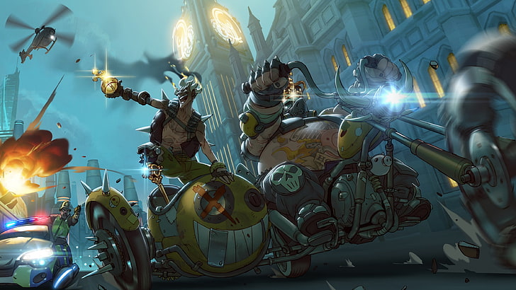 characters riding motorcycle illustration, Overwatch, Junkrat (Overwatch)