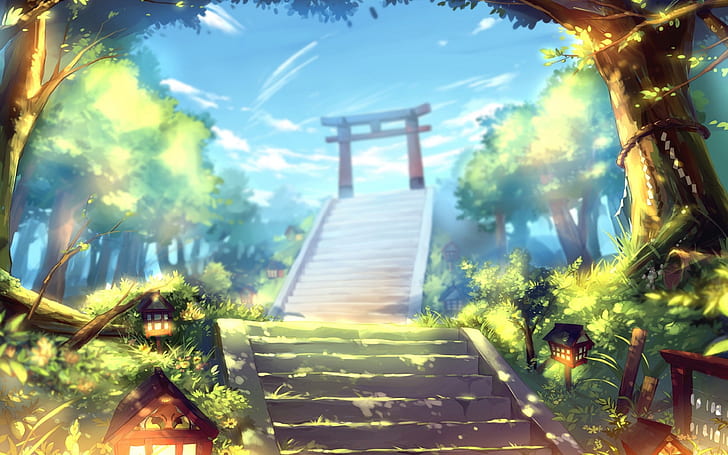 clouds landscapes nature trees stairways plants lanterns gate scenic shinto torii skyscapes shimenaw Nature Trees HD Art