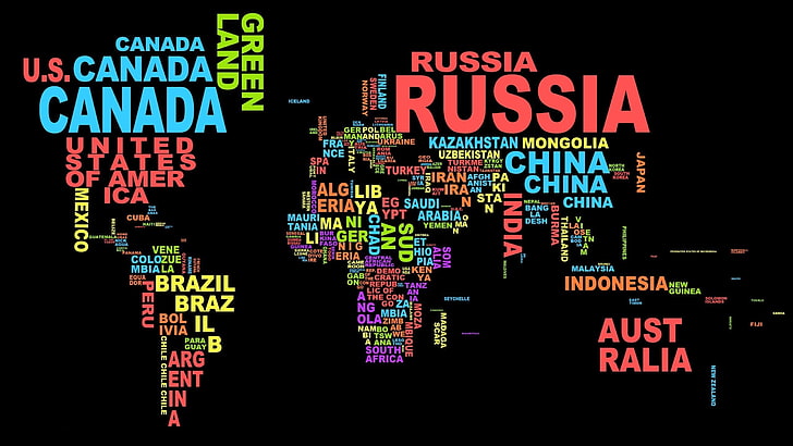 black background, Colorful, map, Typography, Word Clouds, World Map