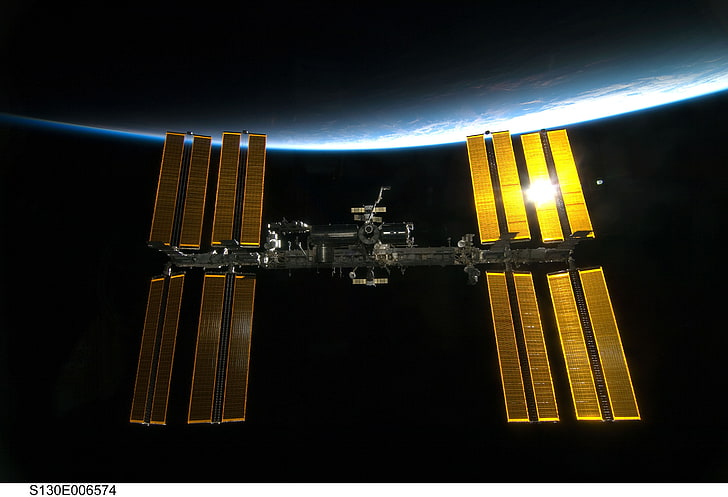 black and brown compound bow, space, space station, ISS, architecture