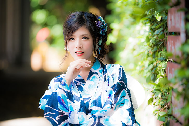 women, model, Asian, looking at viewer, women outdoors, kimono, HD wallpaper
