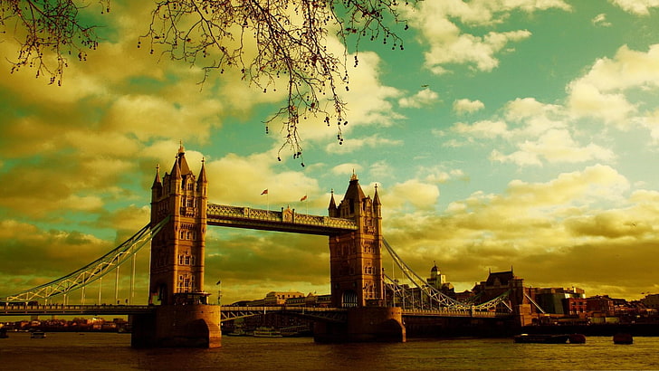 london, bridge, city, yellow, london bridge, river, sky, tree, HD wallpaper