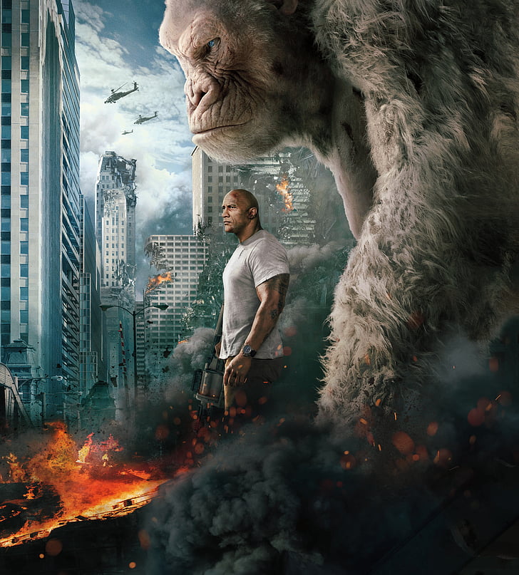 Dwayne Johnson movie scene, Rampage, White gorilla, 5K