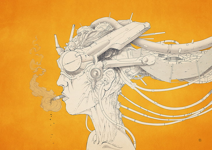 cigarette, cyborg, females, girls, orange, robot, smoking, steampunk