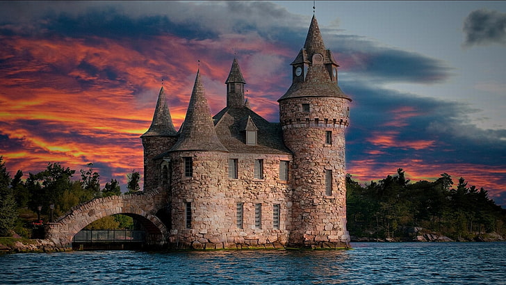 brown castle digital wallpaper, untitled, sunset, tower, water, HD wallpaper