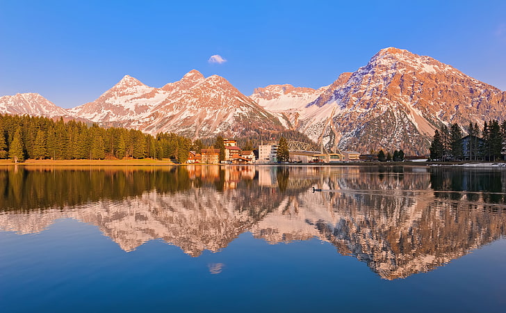 Arosa Reflected, brown rock mountain, Europe, Switzerland, Blue, HD wallpaper