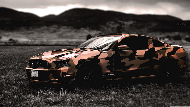 pink, brown, and black camouflage Ford Mustang, army, car, mode of transportation