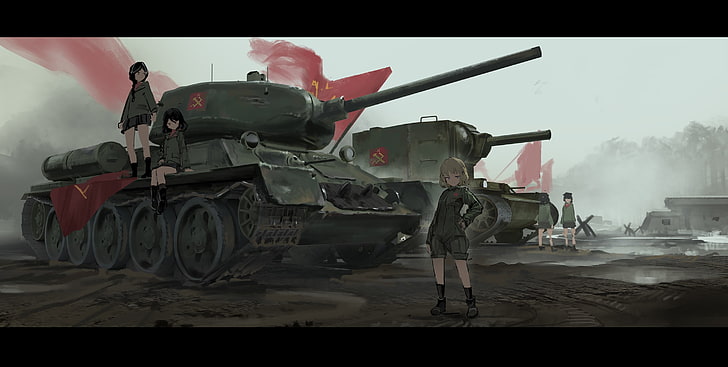 anime, anime girls, Girls und Panzer, tank, T-34-85, KV-2, military