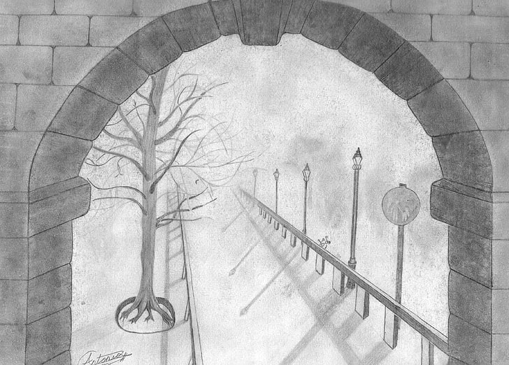 gray and black metal frame, drawing, monochrome, pencils, trees