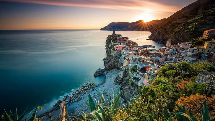 Vernazza, Liguria, Italy, yellow petal flowers, panorama, coast