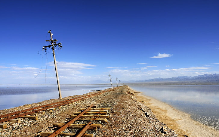 white electric post, railway, abandoned, rust, water, sky, nature, HD wallpaper