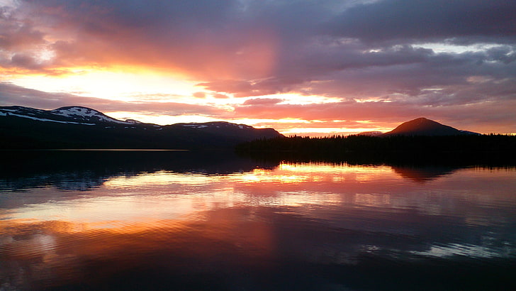 body of water and mountain, Sweden, reflection, nature, sunset