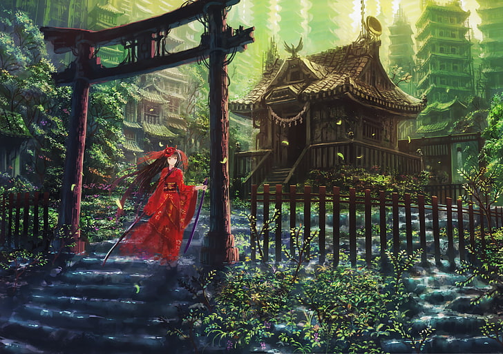 torii, Honden, anime girls, cityscape, fantasy art, architecture, HD wallpaper