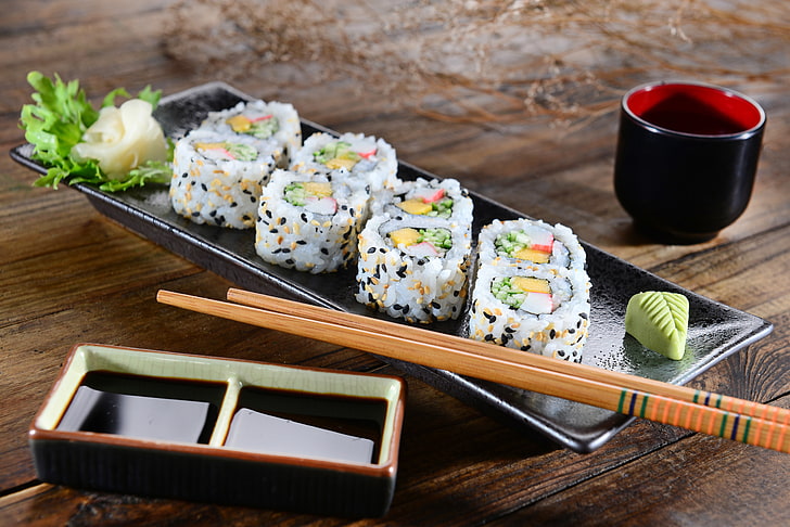 plate of sushi rolls, sticks, salad, Japanese cuisine, ginger, HD wallpaper