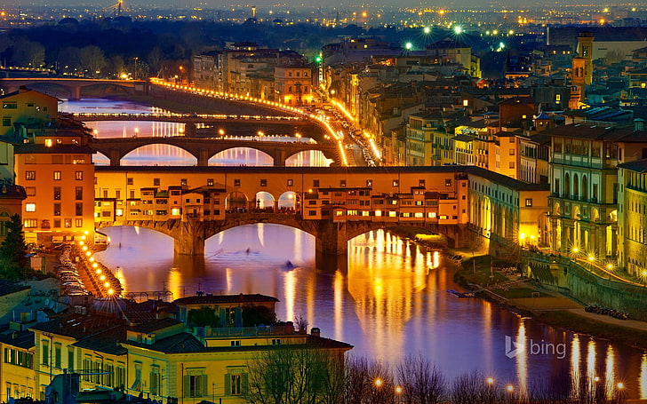 brown concrete bridge, city, Florence, Italy, river, lights, cityscape