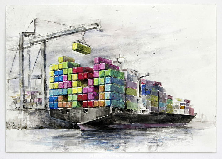 digital art, ship, sea, Tetris, bricks, dock, cranes (machine), HD wallpaper