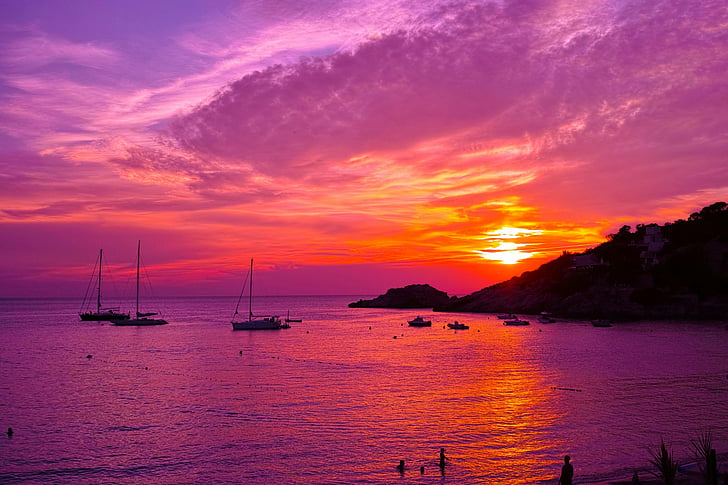 Photography, Sunset, Boat, Ibiza, Ocean, Orange, Purple, Sky, HD wallpaper