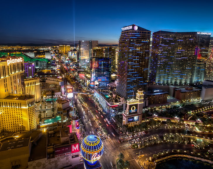 Las Vegas BLVD South, aerial photo of city at night, United States