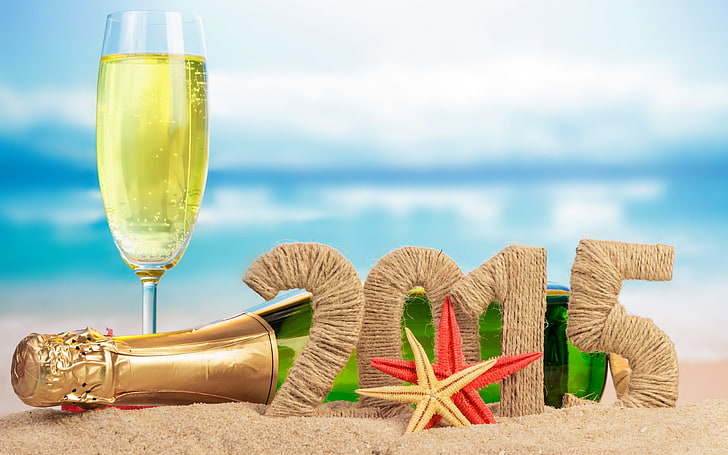 champagne bottle and flute, New Year, bottles, drink, sand, starfish, HD wallpaper