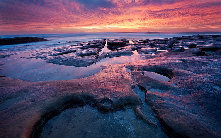 Sunset sea coast, red sky, rocks, brown sand during golden sunset, HD wallpaper