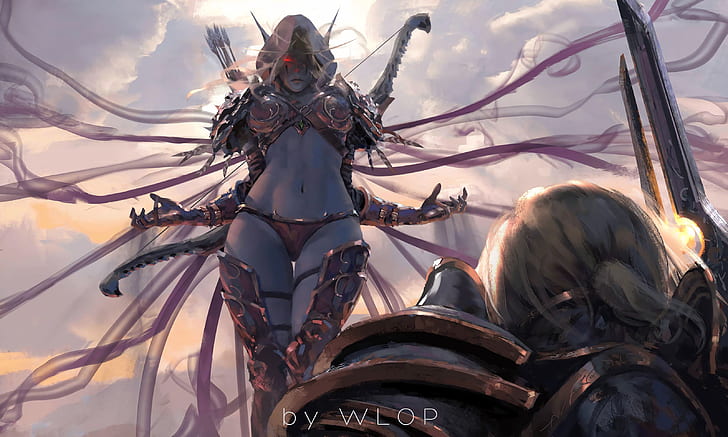 girl, sword, World of Warcraft, fantasy, game, armor, red eyes, HD wallpaper