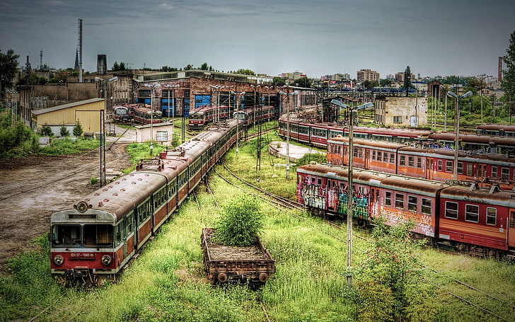 red and gray train, apocalyptic, train station, HDR, Poland, abandoned, HD wallpaper