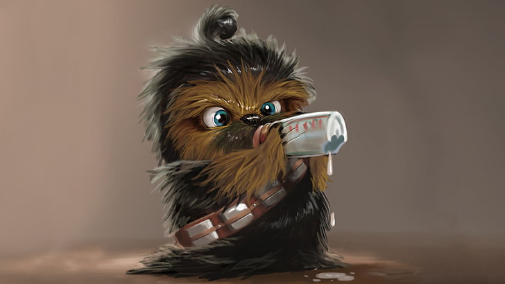 baby Chewbacca holding feeding bottle illustration, Star Wars