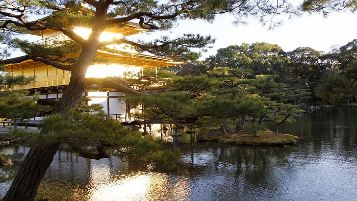 kinkaku-ji temple, japan, kyoto, shrines, mansion, asia, water, HD wallpaper