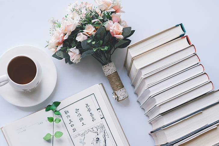 HD wallpaper: coffee, coffee cup, flowers, books | Wallpaper Flare