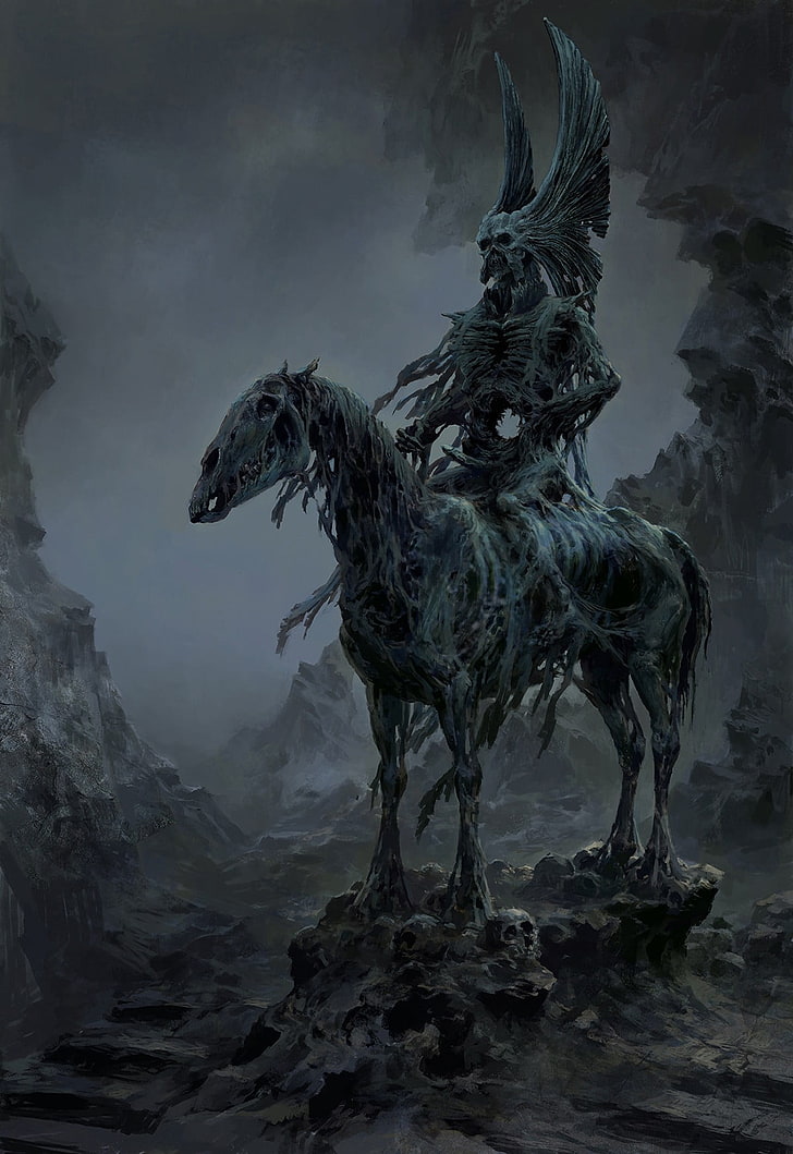 horse skeleton illustration, fantasy art, drawing, death, dead