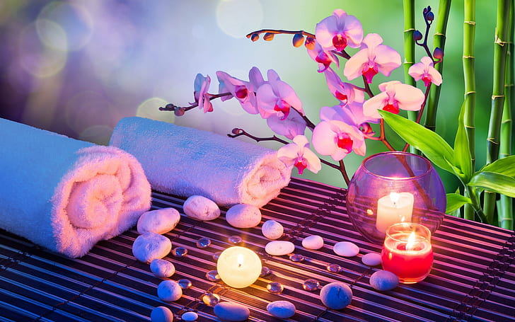 bamboo, bokeh, candles, heart, mood, orchids, Stones, towels