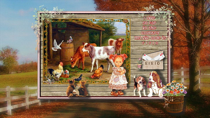 E I E I O, cats, cows, country, dogs, girl, chickens, 3d and abstract