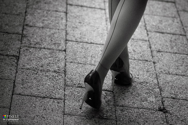 legs, stockings, women, high heels, monochrome, watermarked, HD wallpaper