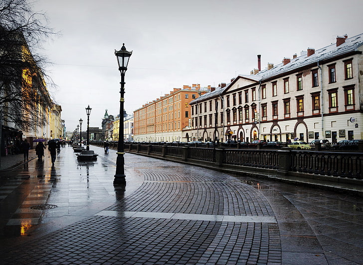 black psot, rain, overcast, Peter, Saint Petersburg, puddles, HD wallpaper